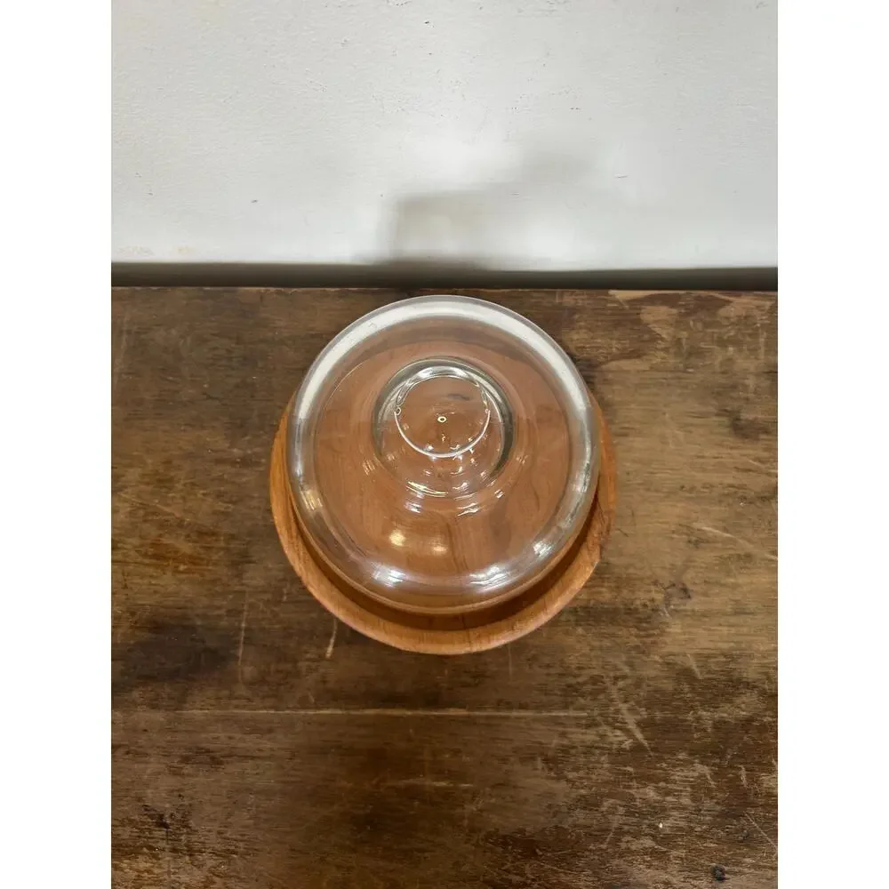 Vintage Glass Cloche and Teak Plate | Lidded Cake Cheese Dessert Dome